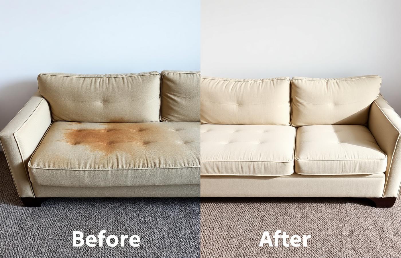 Sofá antes sujo e depois totalmente limpo após higienização profissional