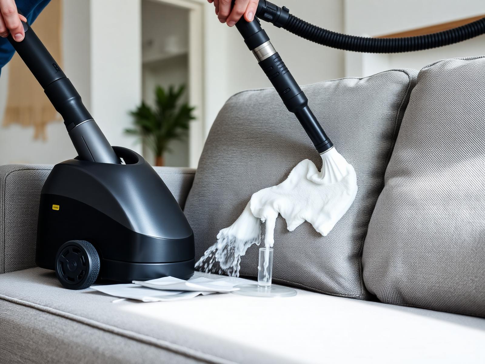 Profissional higienizando um sofá cinza com equipamento de extração